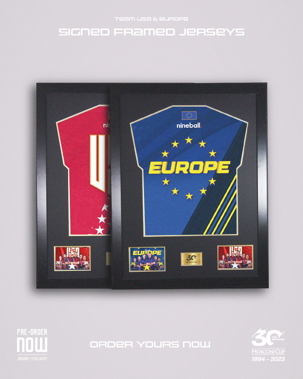 Twin Set of Signed Framed Jerseys - 30th Anniversary Mosconi Cup 2023